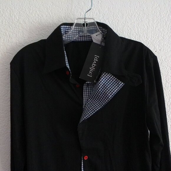 W[d^blju:], men's black button-up long sleeve shirt with blue/white plaid design - Picture 2 of 9